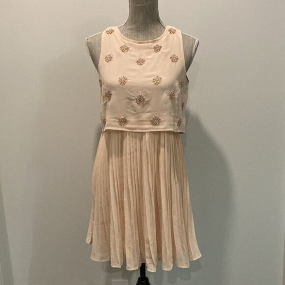 Beaded Ivory Pleated Sleeveless Dress